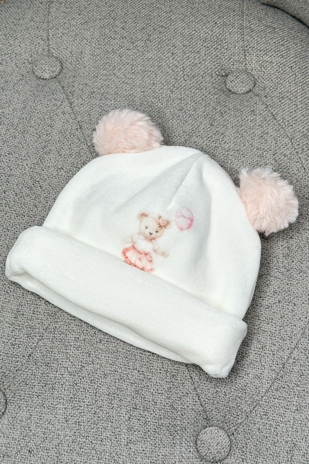 Jamiks Ivory & Pink Velour Bear Hat | Millie and John