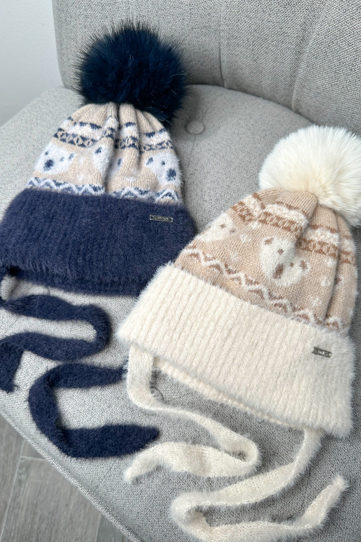 Jamiks Fluffy Beige Teddy Fair Isle Pom Pom Hat | Millie and John