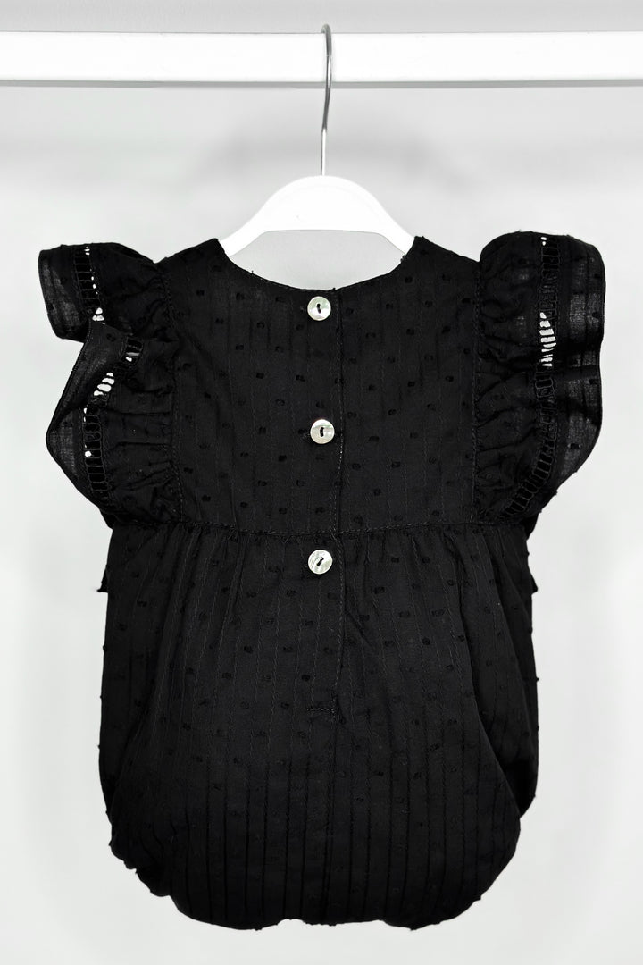Phi "Evalina" Black Plumeti Dot Romper | Millie and John