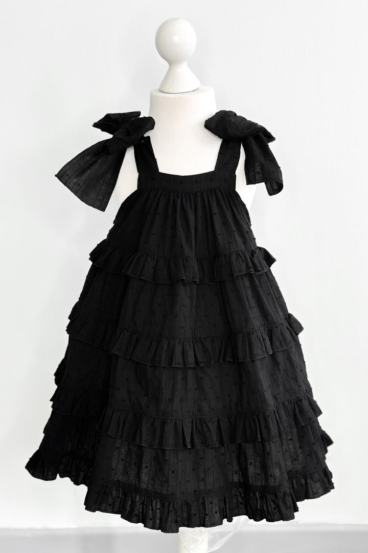 Phi "Willow" Black Plumeti Dot Tiered Dress | Millie and John