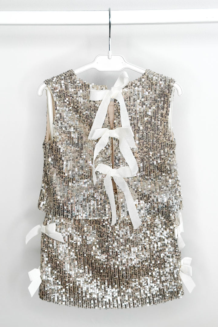 Phi "Hannah" Champagne Sequin Bow Blouse & Skirt | Millie and John