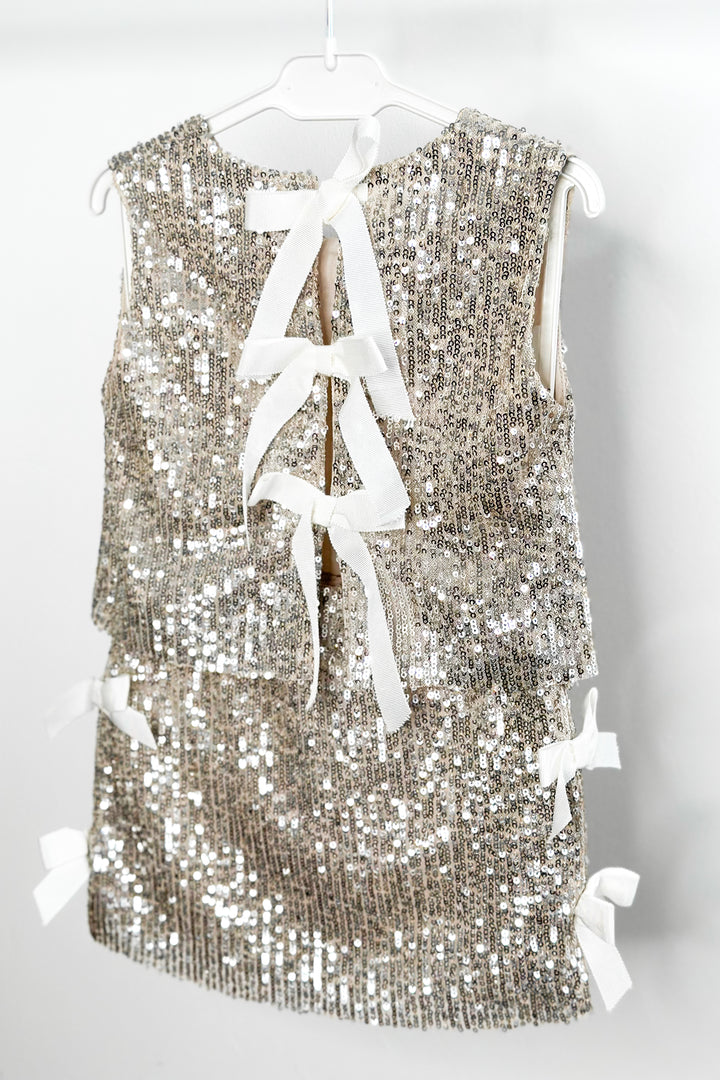 Phi "Hannah" Champagne Sequin Bow Blouse & Skirt | Millie and John