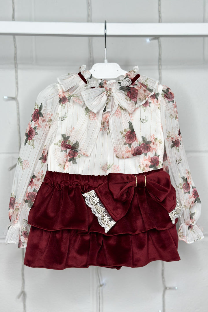 Fofettes "Violet" Burgundy Floral Blouse & Velvet Skirt | Millie and John