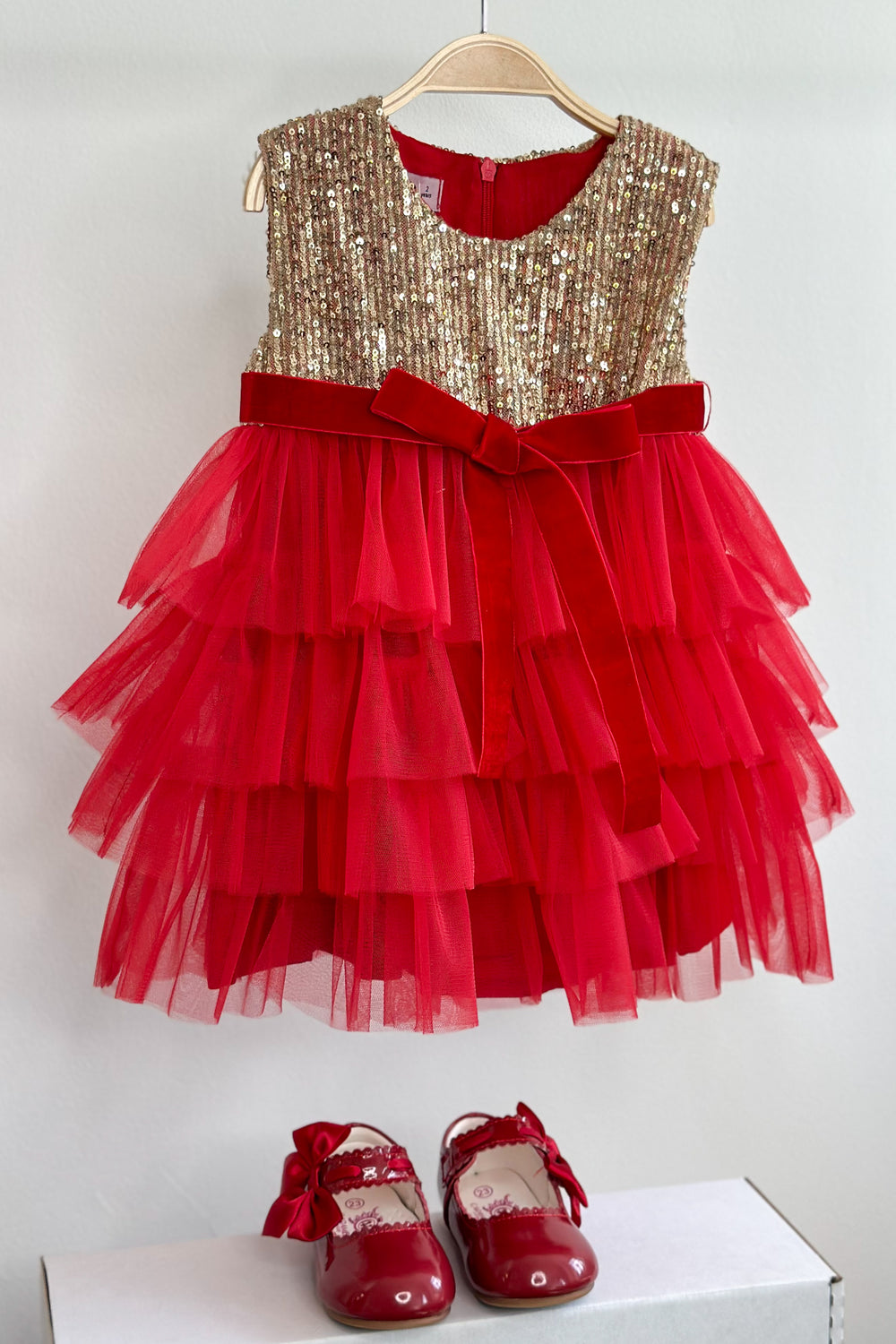 Phi "Eve" Gold Sequin Red Tulle Dress | Millie and John