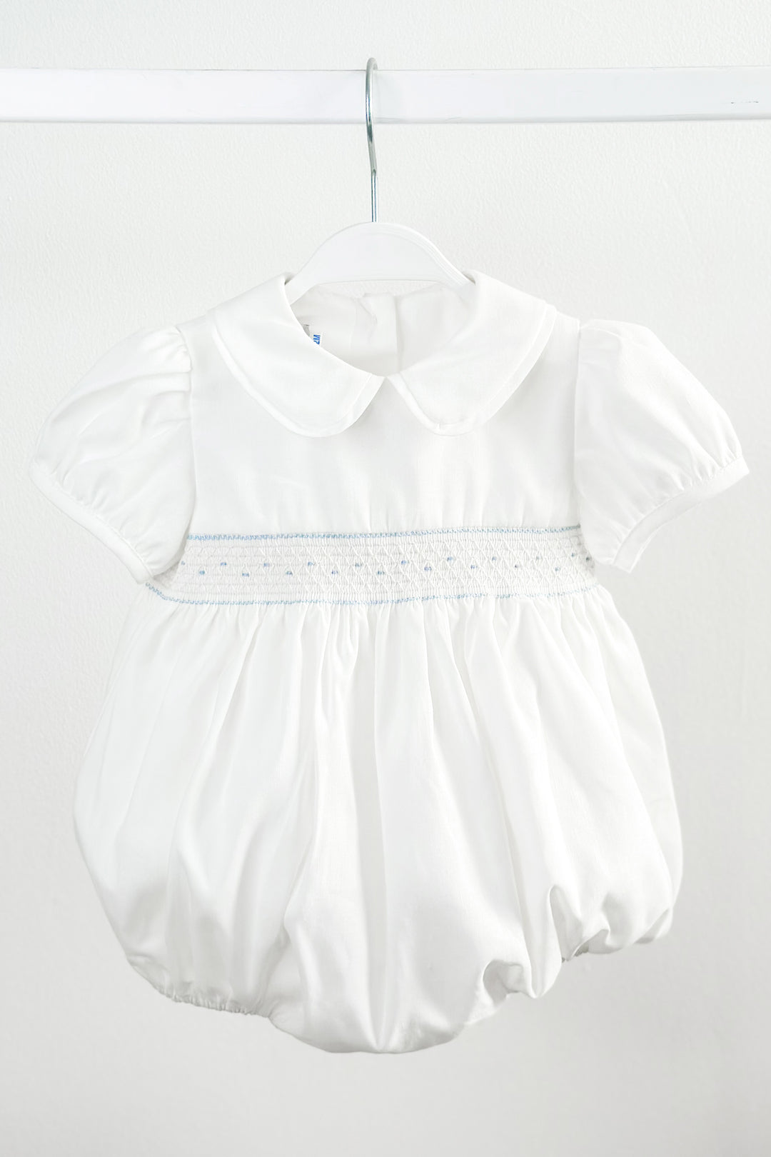 Fofettes "Elias" White & Blue Smocked Romper | Millie and John