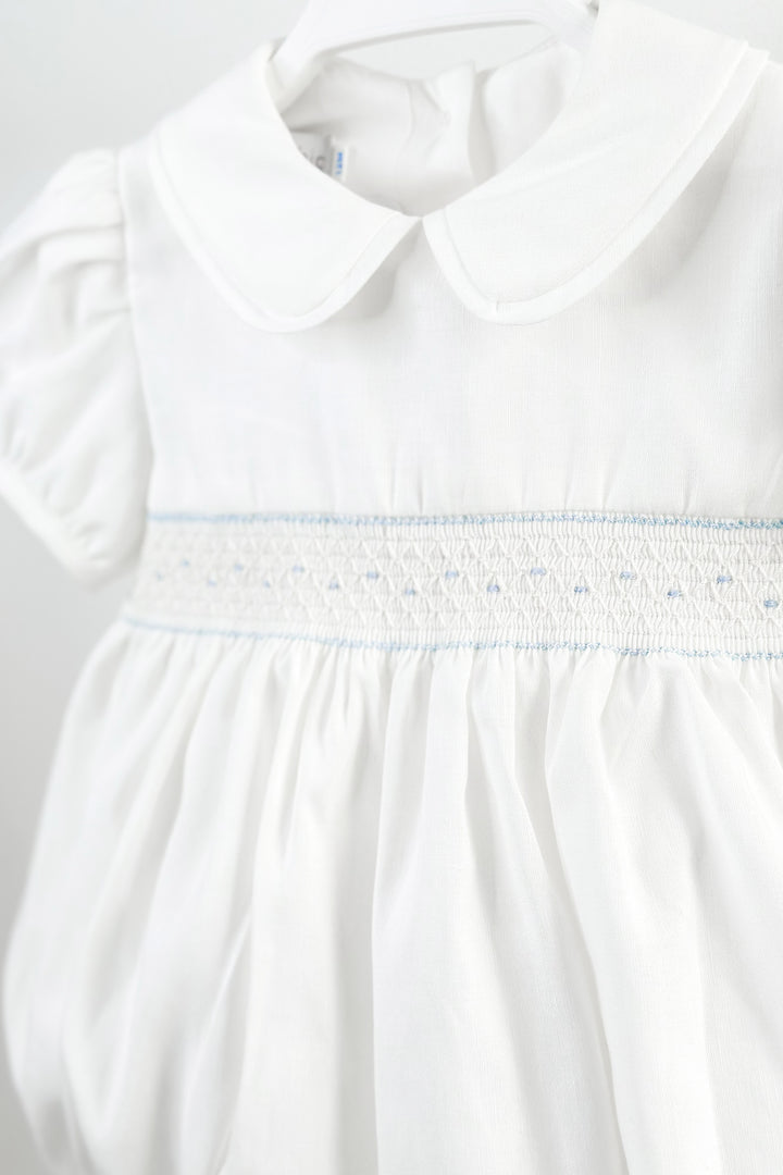 Fofettes "Elias" White & Blue Smocked Romper | Millie and John