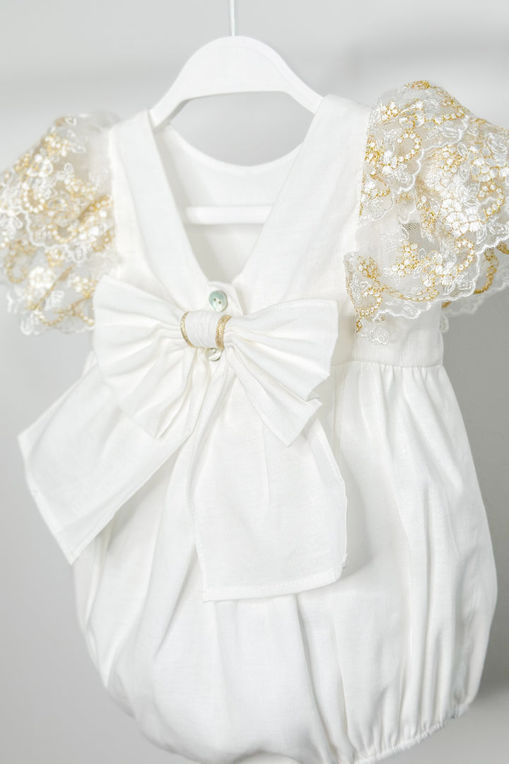 Fofettes "Alya" Ivory Gold Lace Sleeve Romper | Millie and John