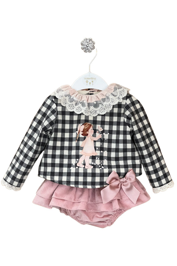 Valentina Bebes "Savannah" Black Gingham Top & Pink Cord Skirt | Millie and John