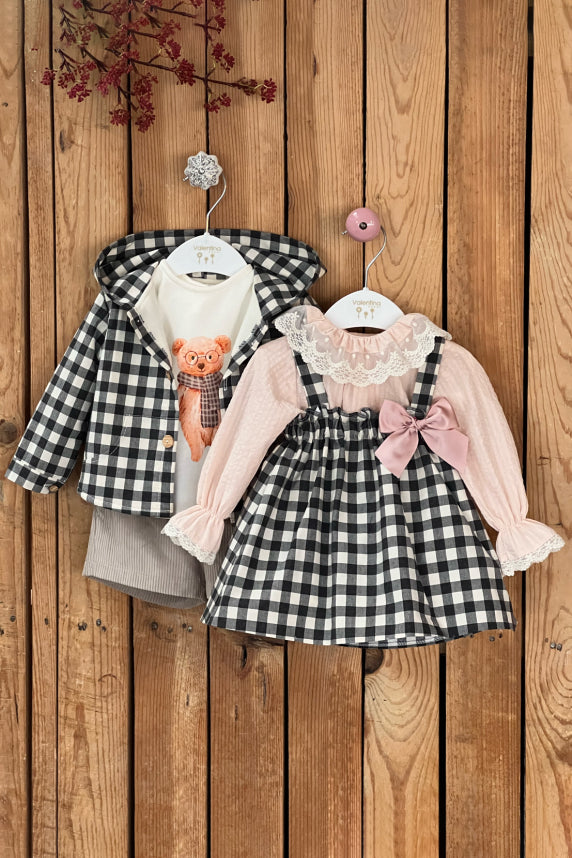 Valentina Bebes "Molly" Peach Blouse & Black Gingham Pinafore Dress | Millie and John