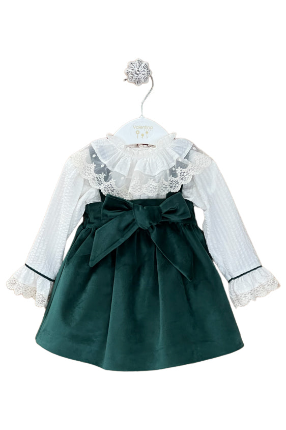 Valentina Bebes PREORDER "Darcie" Blouse & Bottle Green Velvet Pinafore Dress | Millie and John