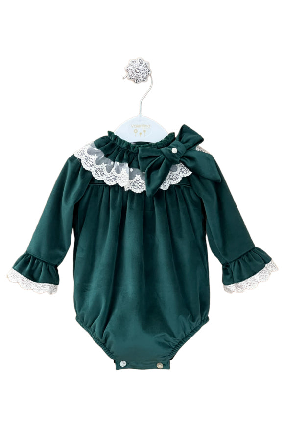 Valentina Bebes PREORDER "Rachel" Bottle Green Velvet Romper | Millie and John