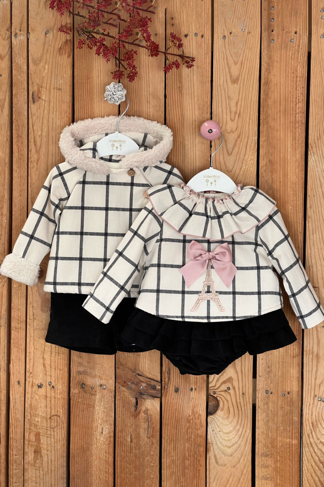 Valentina Bebes "Camden" Ecru Checked Hoodie & Black Shorts | Millie and John