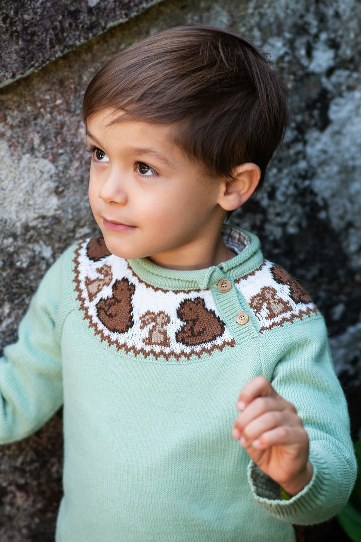 Foque "Stevie" Sage Green Knit Bear Jumper | Millie and John