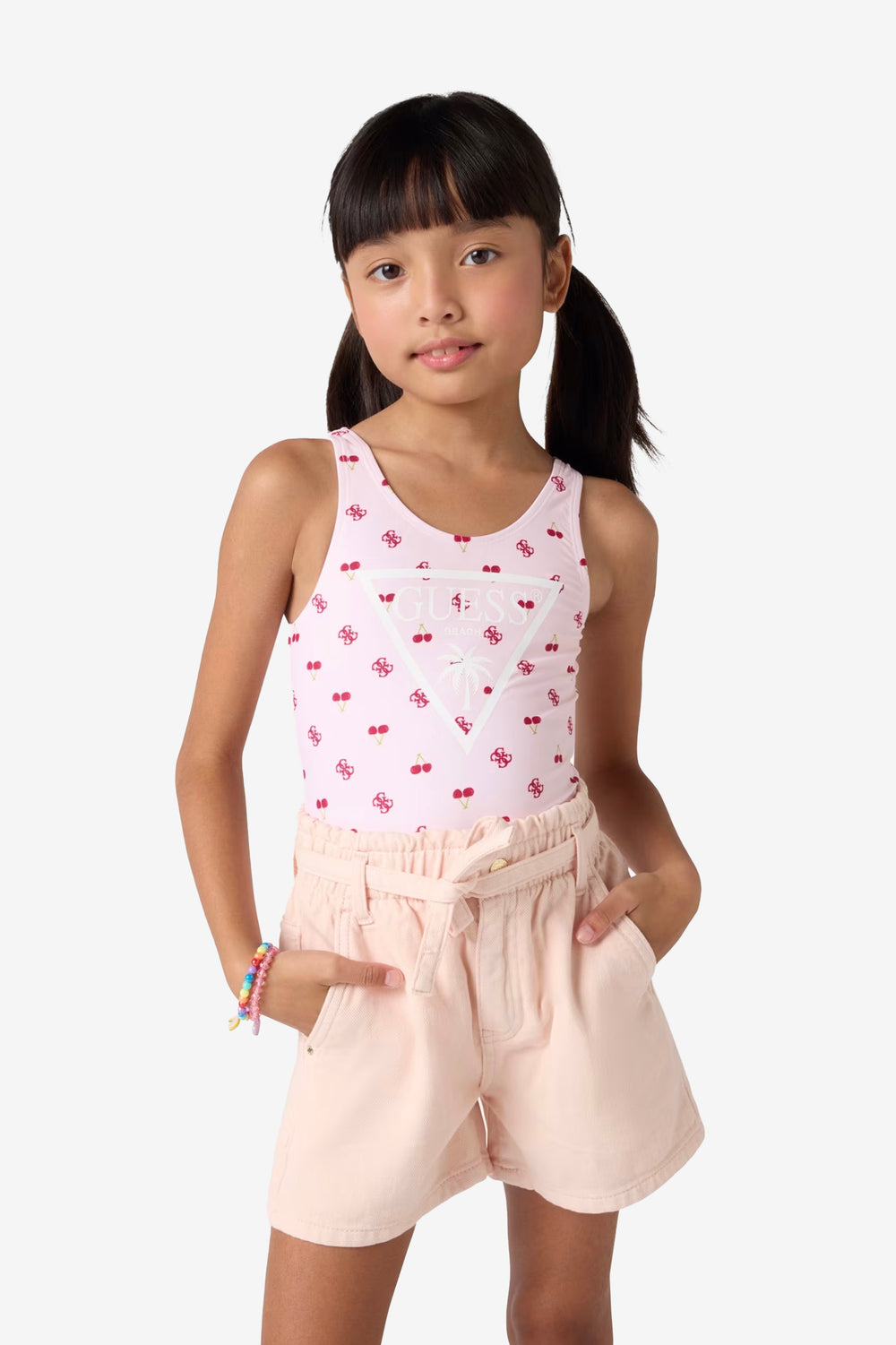 GUESS® Kids "Emery" Peach Diamanté Logo T-Shirt & Denim Shorts | Millie and John