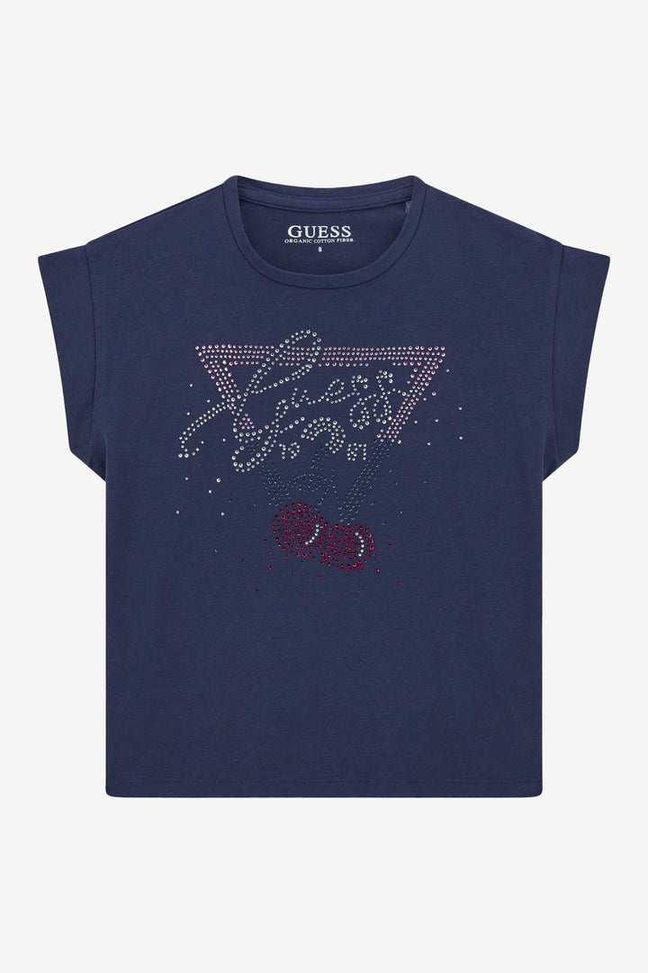 GUESS® Kids "Celeste" Navy Diamanté Cherry T-Shirt | Millie and John