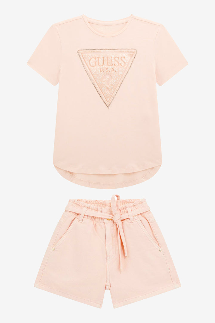 GUESS® Kids "Emery" Peach Diamanté Logo T-Shirt & Denim Shorts | Millie and John