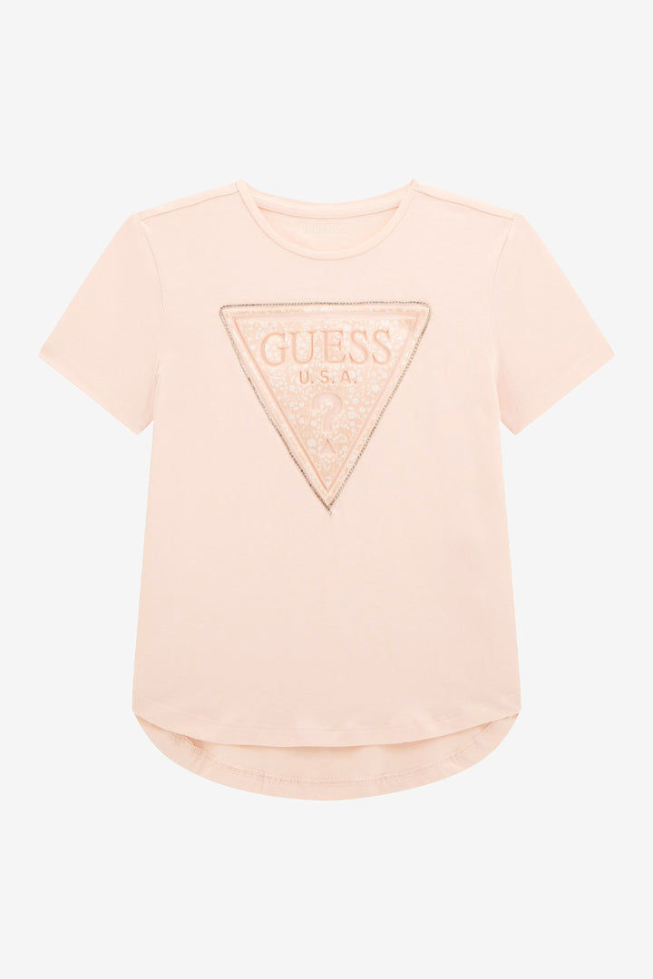 GUESS® Kids "Emery" Peach Diamanté Logo T-Shirt & Denim Shorts | Millie and John