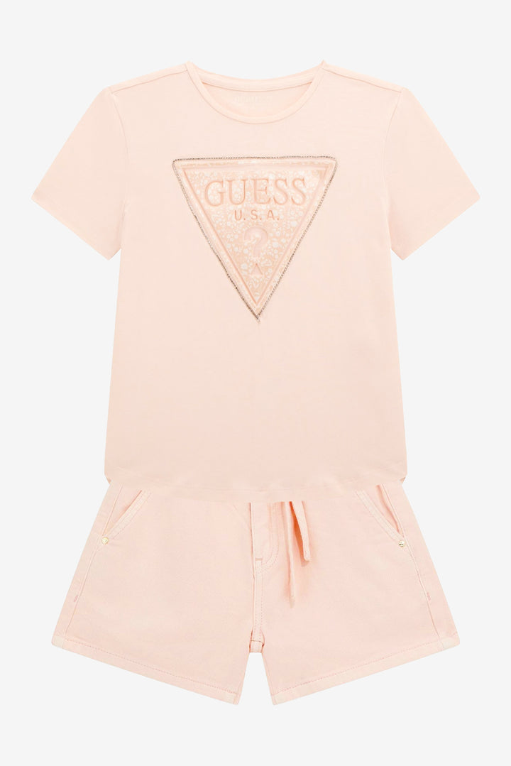 GUESS® Kids "Emery" Peach Diamanté Logo T-Shirt & Denim Shorts | Millie and John