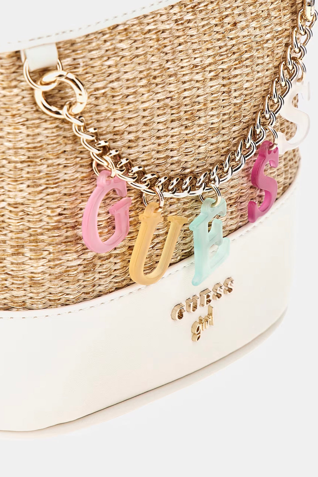 GUESS® Kids "Bria" Cream Straw Mini Bucket Bag | Millie and John