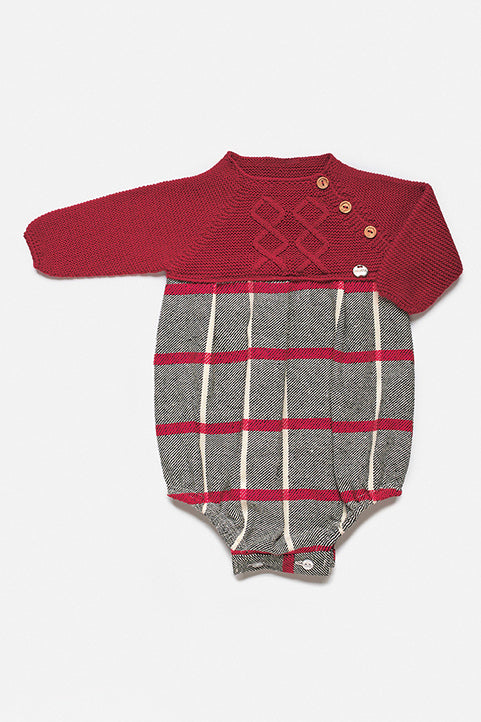 Juliana "Ryder" Burgundy Knit Checked Romper | Millie and John
