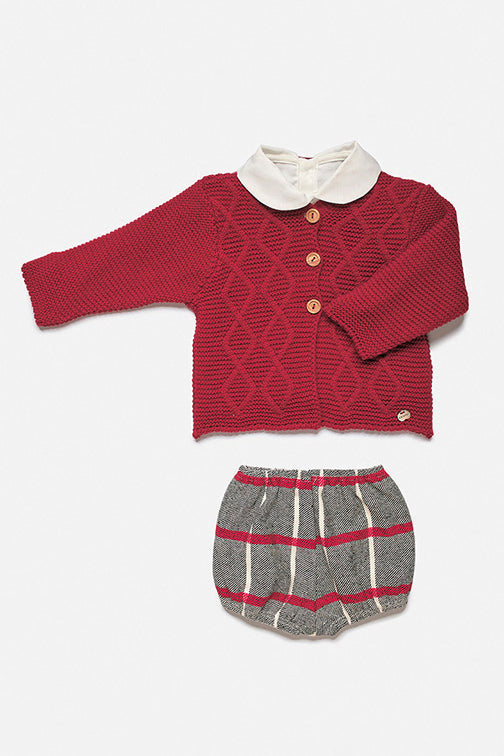 Juliana "Cruz" Burgundy Cardigan, Shirt & Grey Check Jam Pants | Millie and John