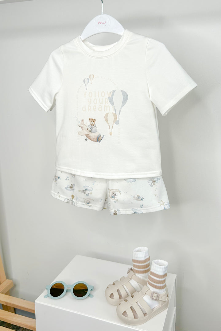 Jamiks "Jacob" Ivory, Beige & Blue Teddy T-Shirt & Shorts | Millie and John