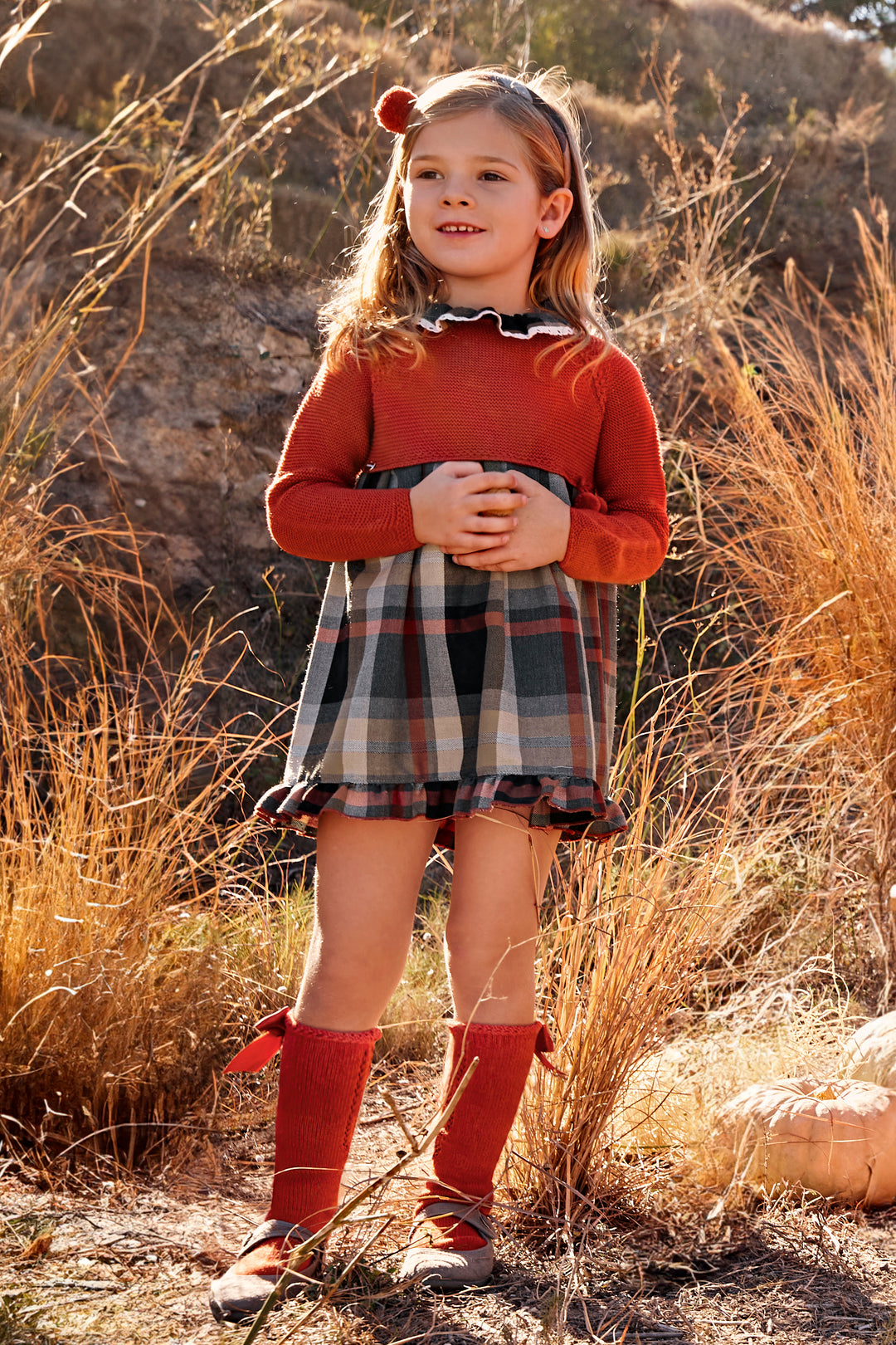 Juliana "Autumn" Rust Half Knit Autumnal Tartan Dress | Millie and John