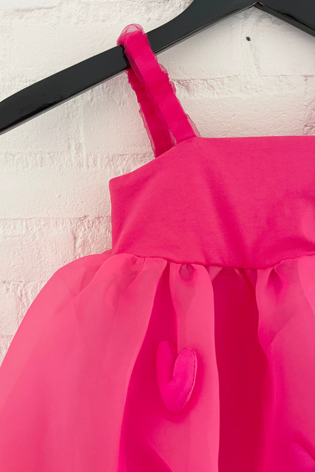 DOLLY by Le Petit Tom Hot Pink Satin Organza Heart Puffball Dress | Millie and John