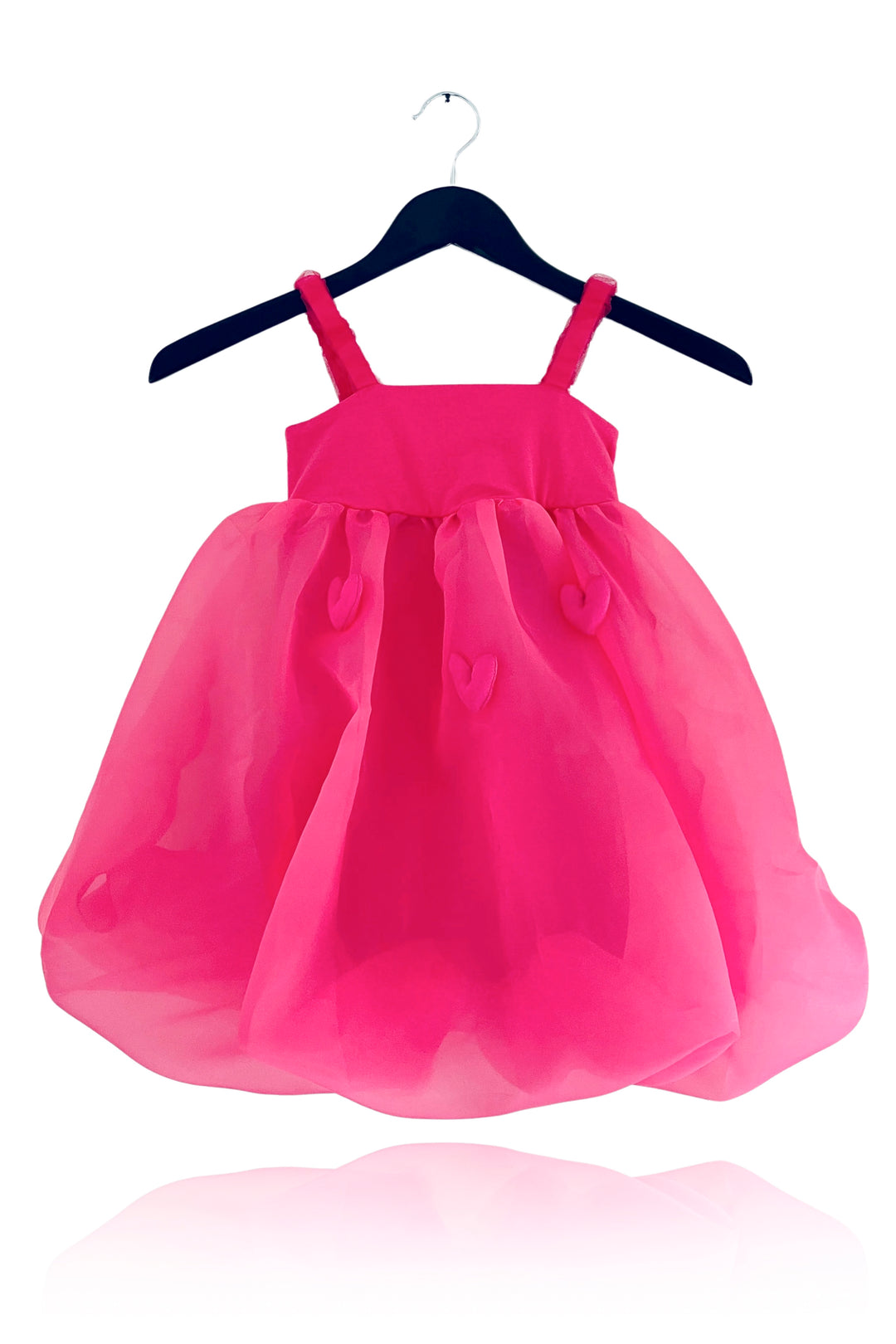 DOLLY by Le Petit Tom Hot Pink Satin Organza Heart Puffball Dress | Millie and John