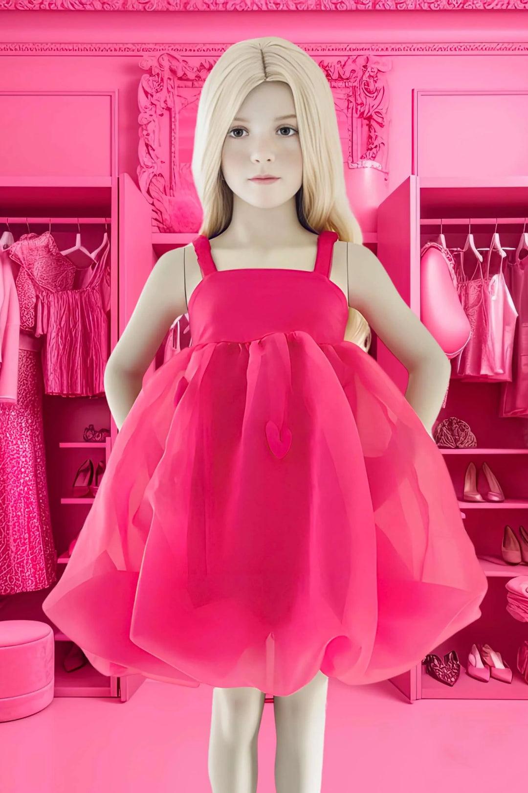 DOLLY by Le Petit Tom Hot Pink Satin Organza Heart Puffball Dress | Millie and John