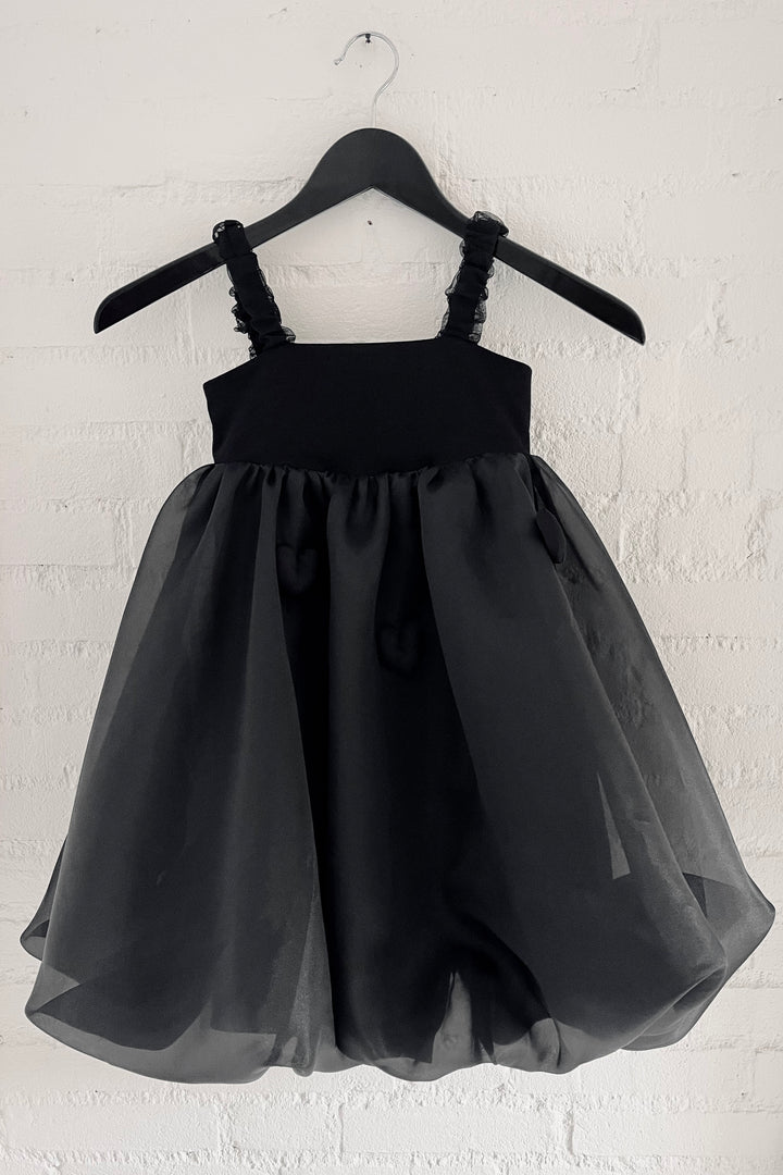DOLLY by Le Petit Tom Black Satin Organza Heart Puffball Dress | Millie and John