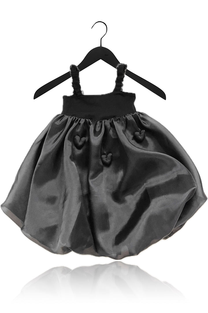 DOLLY by Le Petit Tom Black Satin Organza Heart Puffball Dress | Millie and John