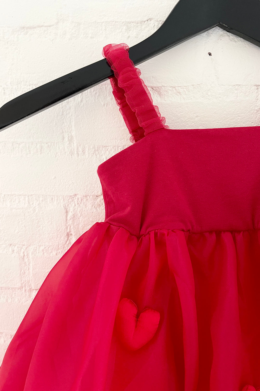 DOLLY by Le Petit Tom Red Satin Organza Heart Puffball Dress | Millie and John