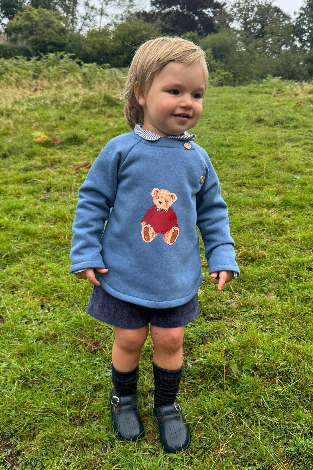 Valentina Bebes "Pedro" Dusky Blue Teddy Sweatshirt, Shirt & Shorts | Millie and John