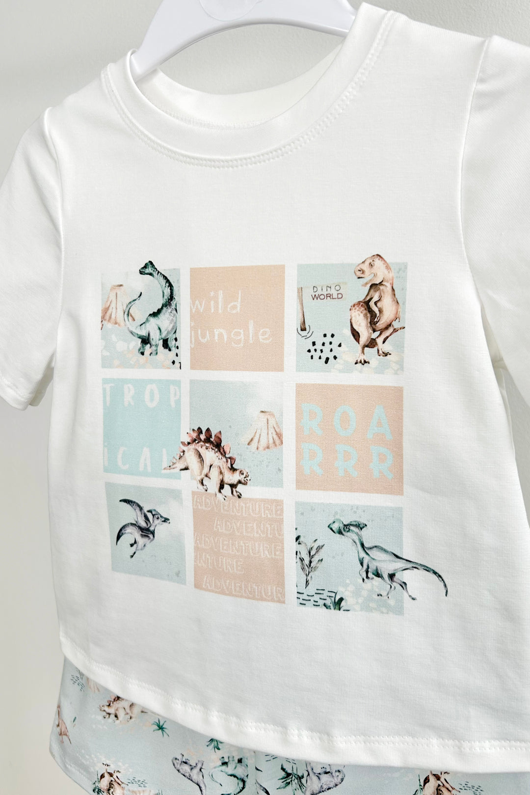 Jamiks "Johannes" Ivory & Blue Dinosaur T-Shirt & Shorts | Millie and John