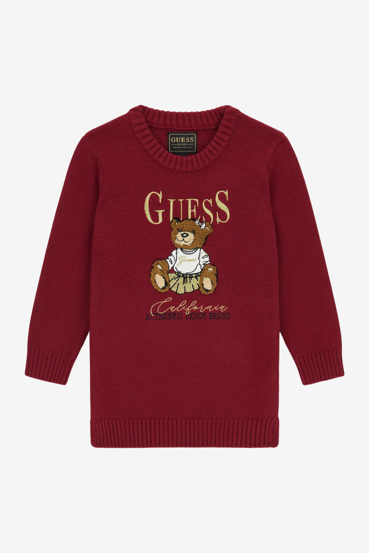 GUESS® Kids "Jemima" Burgundy & Gold Teddy Bear Knit Jumper Dress | Millie and John