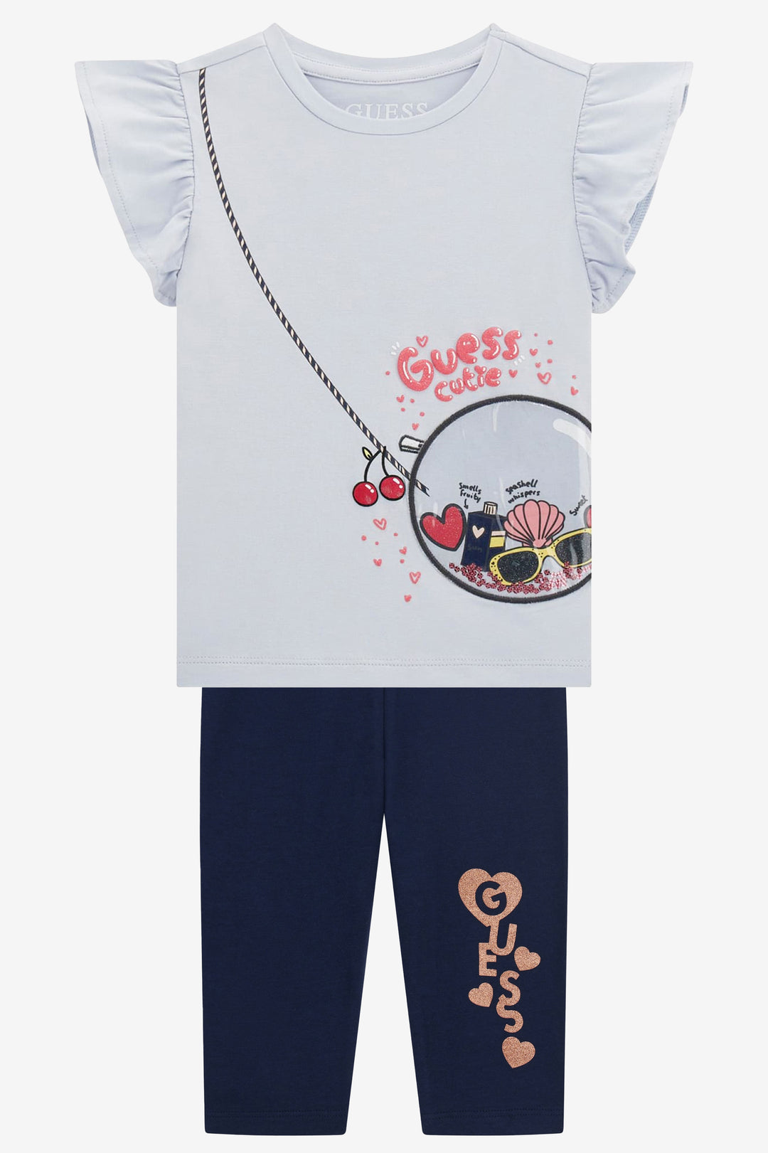 GUESS® Kids PREORDER "Saffy" Light Blue Faux Bag Top & Navy Leggings | Millie and John