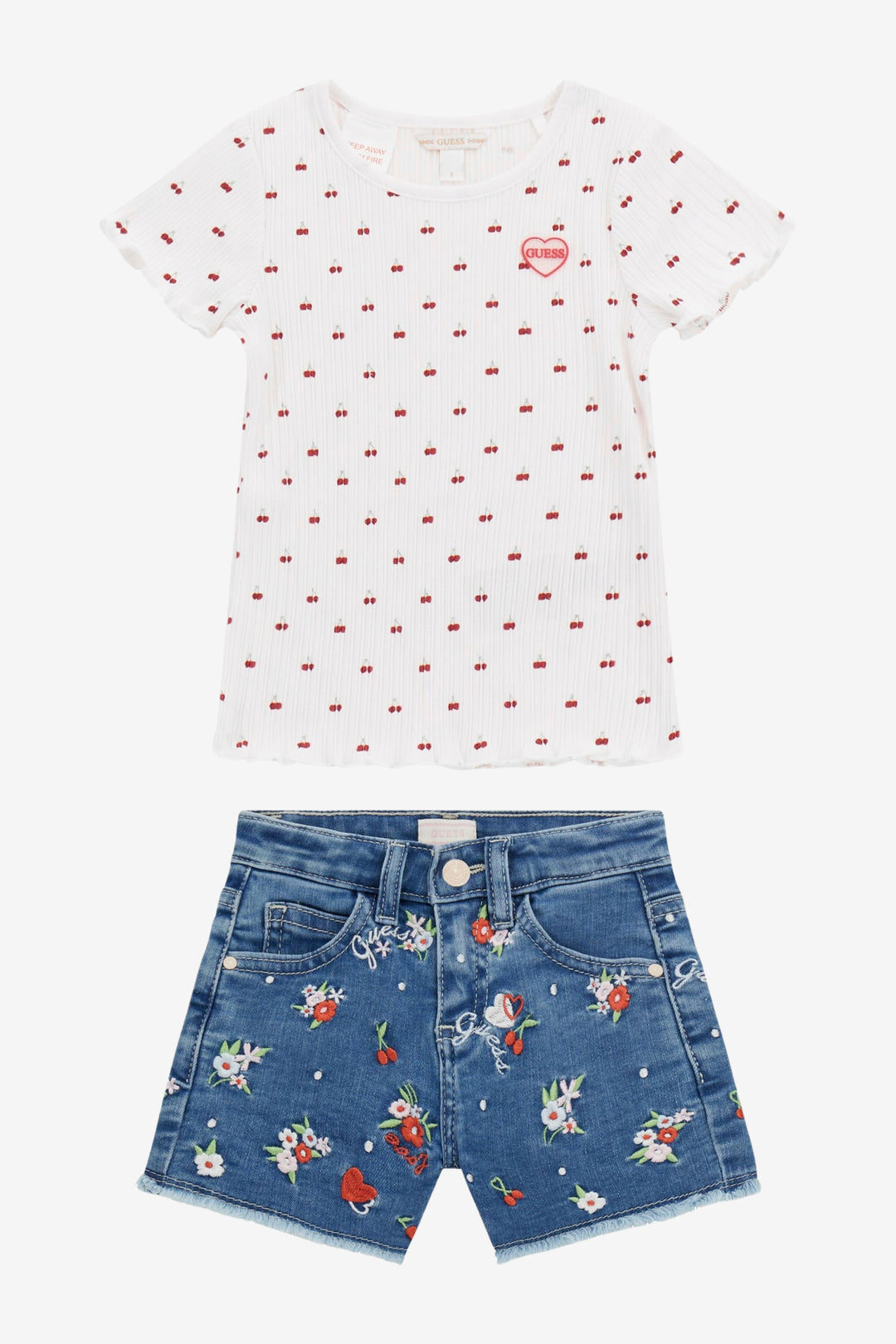 GUESS® Kids "Romy" White Ribbed Cherry Top & Embroidered Denim Shorts | Millie and John