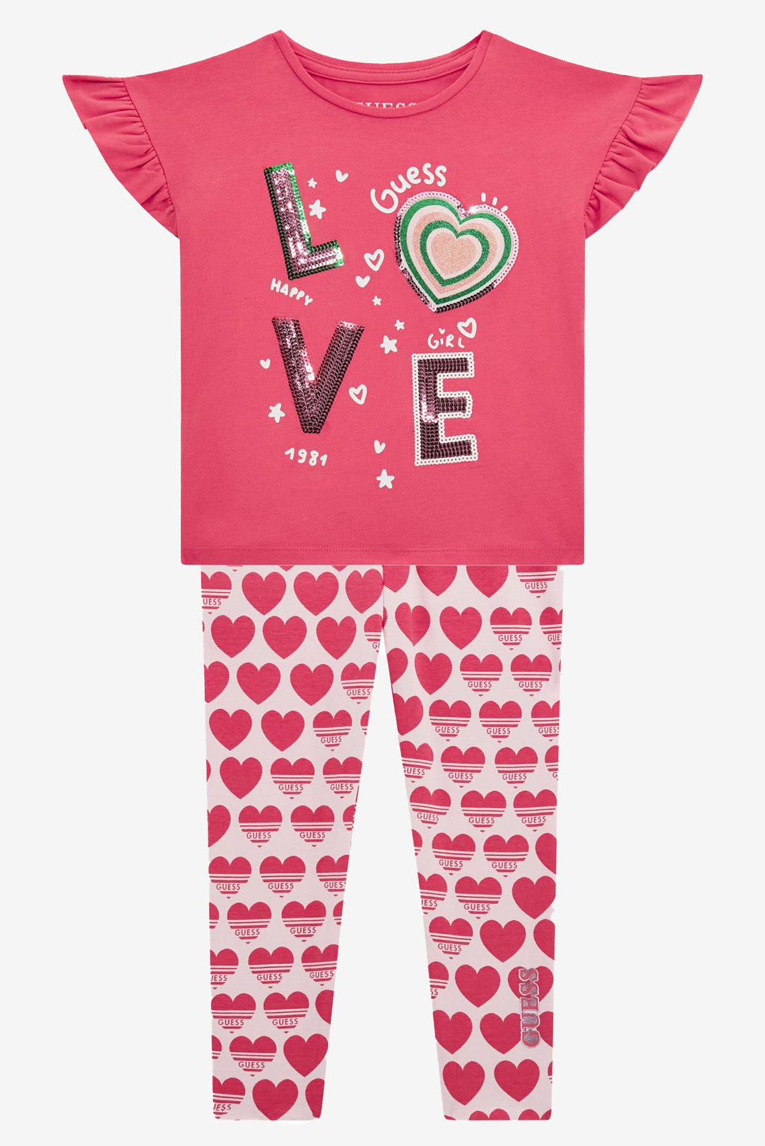 GUESS® Kids "Imogen" Cerise LOVE Sequin T-Shirt & Reversible Heart Leggings | Millie and John