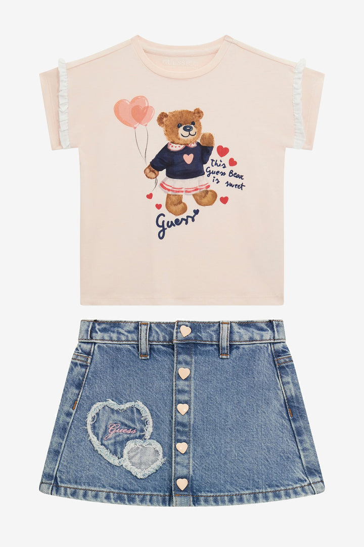 GUESS® Kids "Nola" Pale Peach Teddy T-Shirt & Denim Skirt | Millie and John