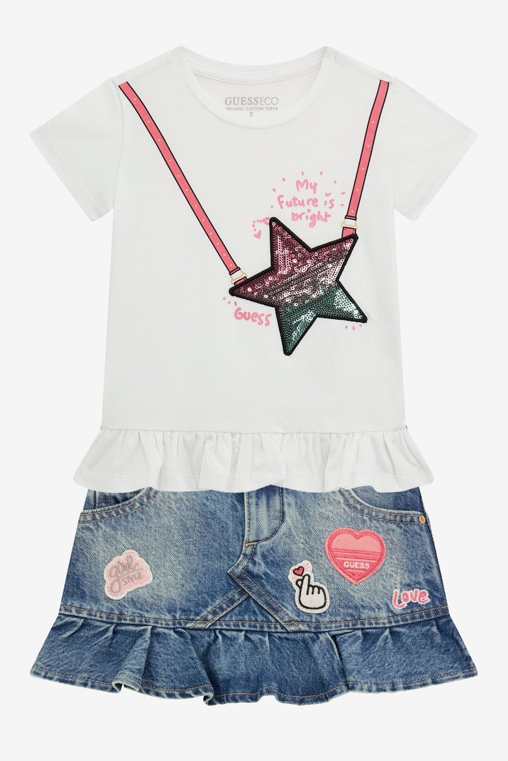 GUESS® Kids "Nancy" White Sequin T-Shirt & Denim Skirt | Millie and John