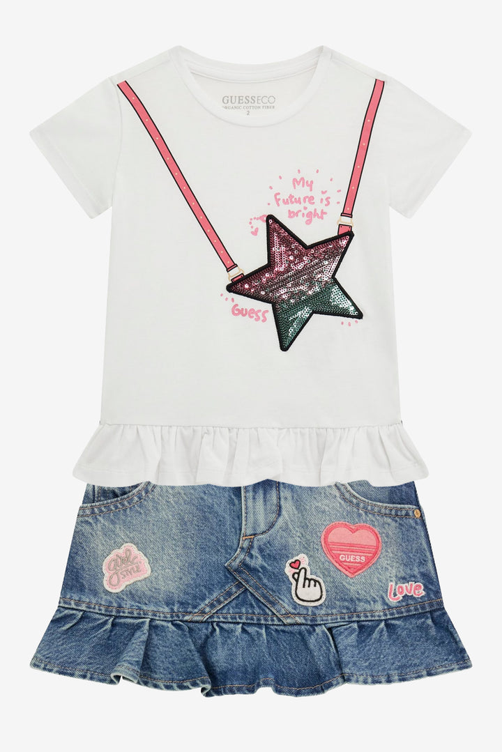 GUESS® Kids "Nancy" White Sequin T-Shirt & Denim Skirt | Millie and John
