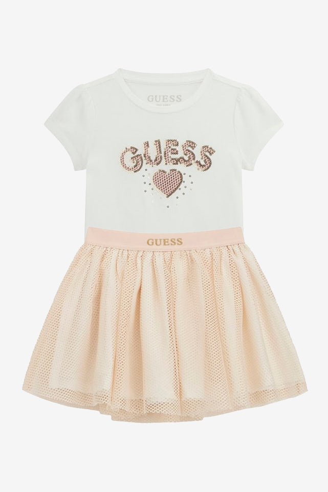 GUESS® Kids "Margot" White Glitter T-Shirt & Pale Peach Mesh Skirt | Millie and John