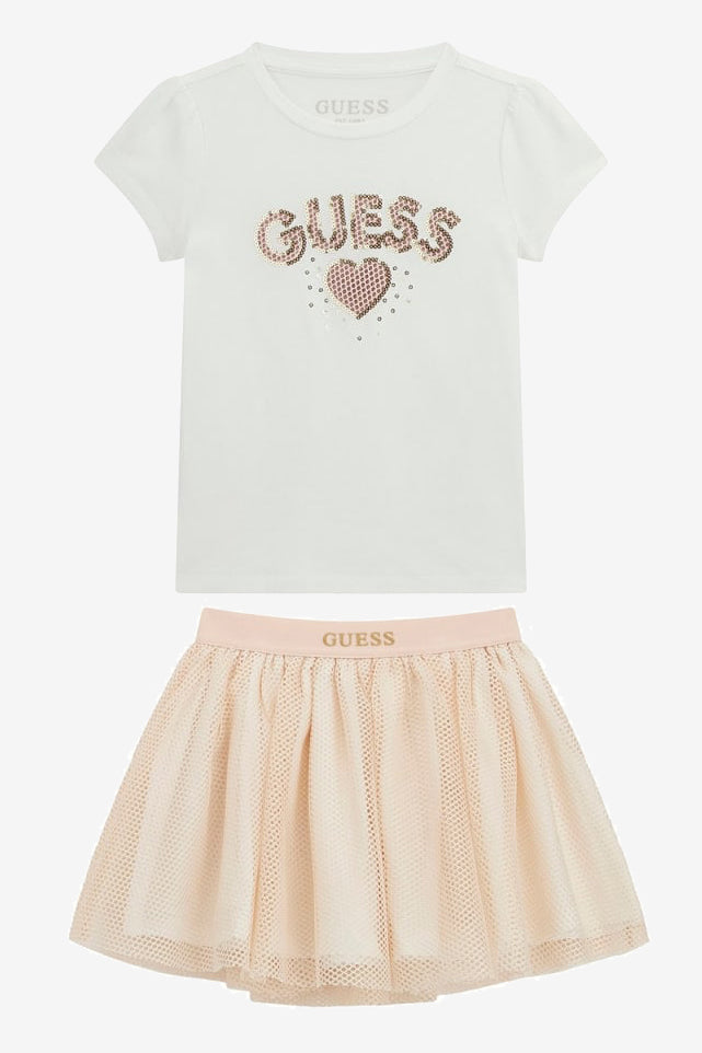 GUESS® Kids "Margot" White Glitter T-Shirt & Pale Peach Mesh Skirt | Millie and John