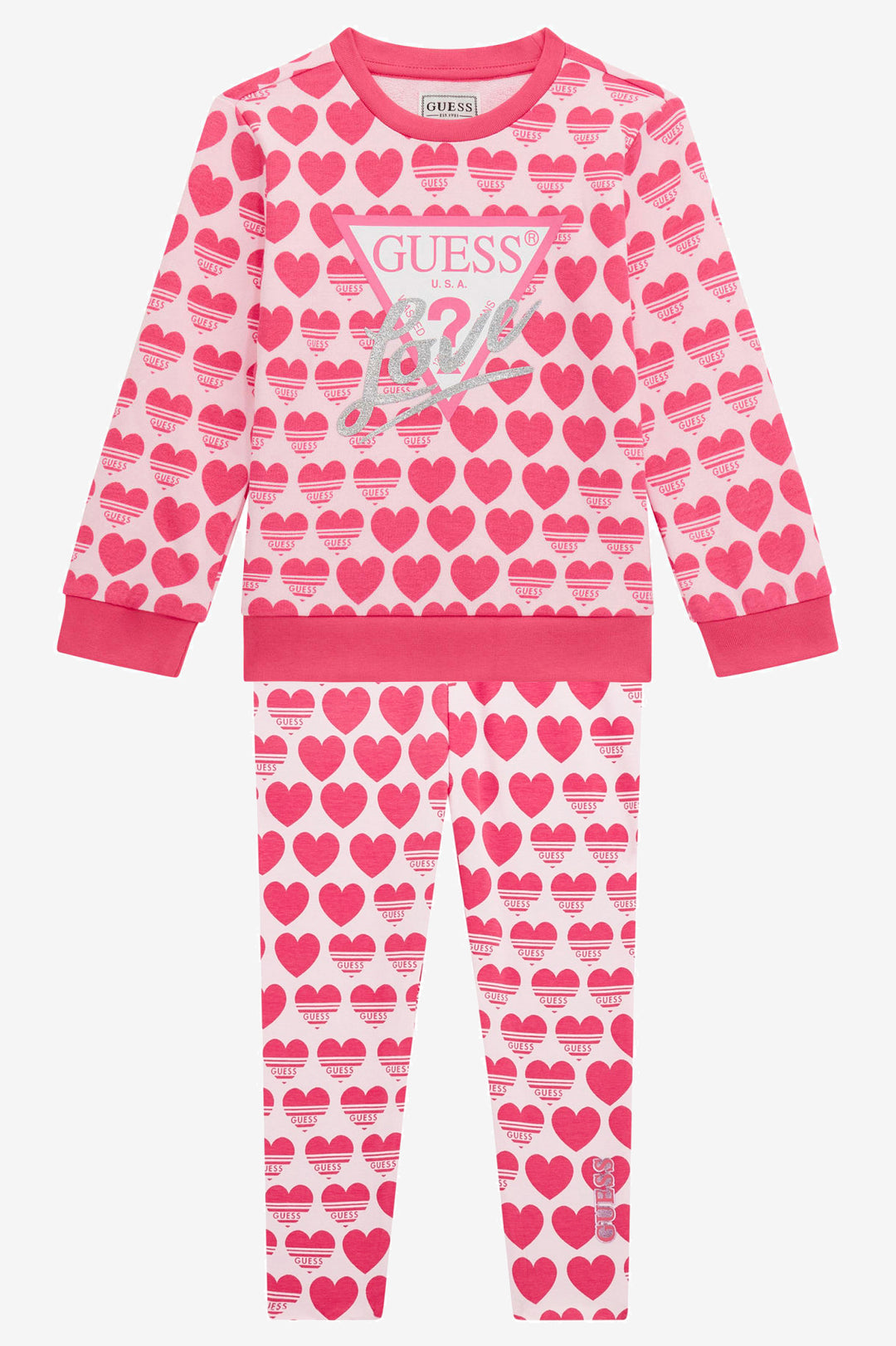 GUESS® Kids "Lila" Cerise Heart Print Sweatshirt & Reversible Leggings | Millie and John