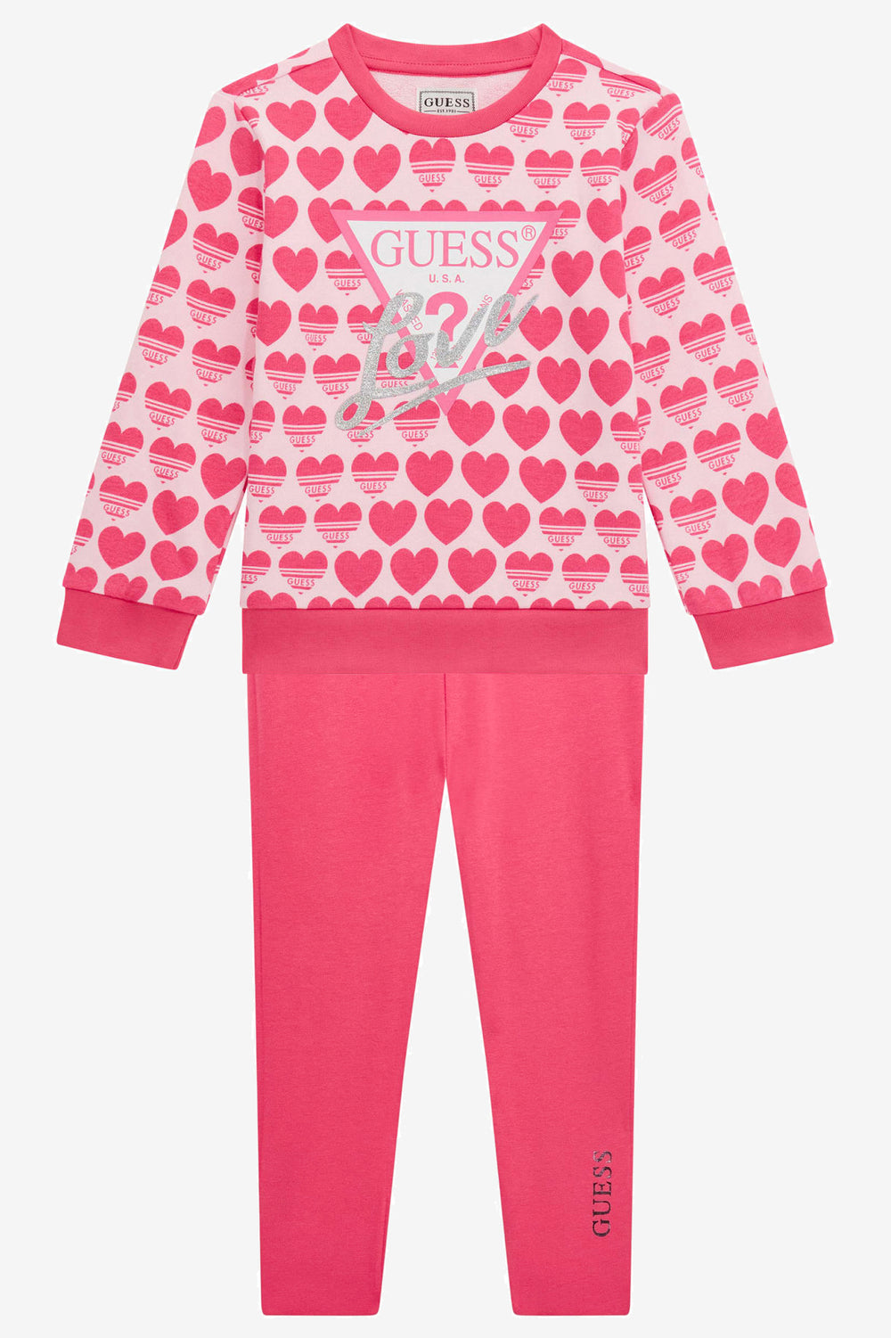 GUESS® Kids "Lila" Cerise Heart Print Sweatshirt & Reversible Leggings | Millie and John