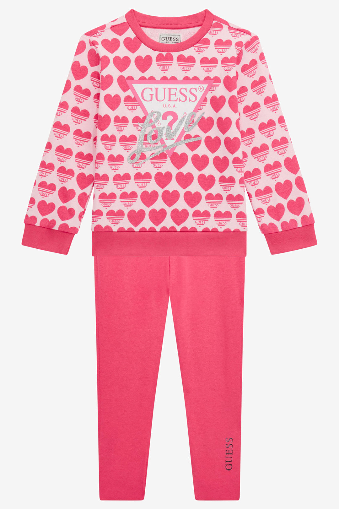 GUESS® Kids "Lila" Cerise Heart Print Sweatshirt & Reversible Leggings | Millie and John