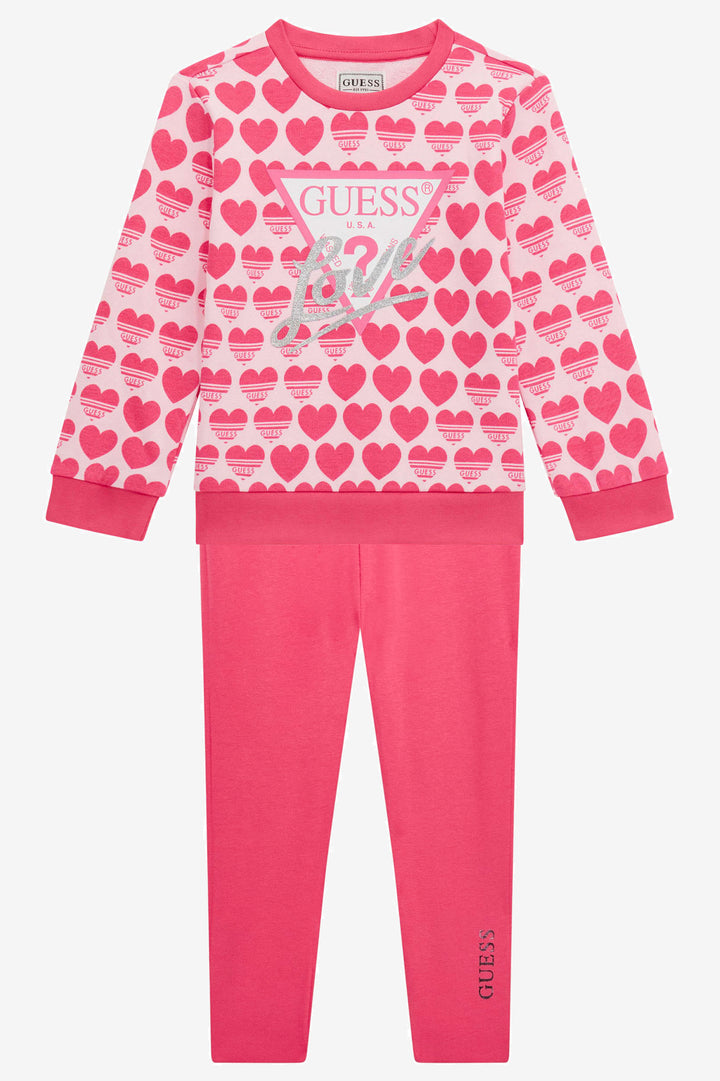 GUESS® Kids "Lila" Cerise Heart Print Sweatshirt & Reversible Leggings | Millie and John
