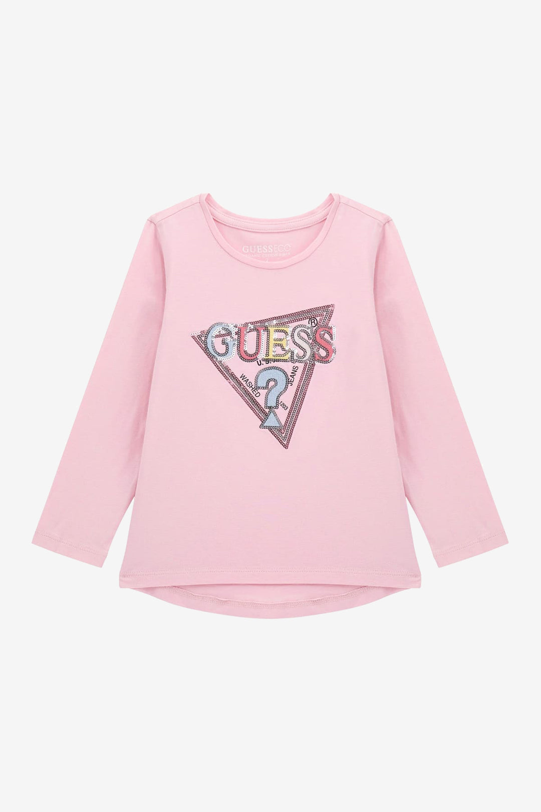 GUESS® Kids "Ava" Cotton Candy Pink Multicoloured Sequin Logo Top | Millie and John