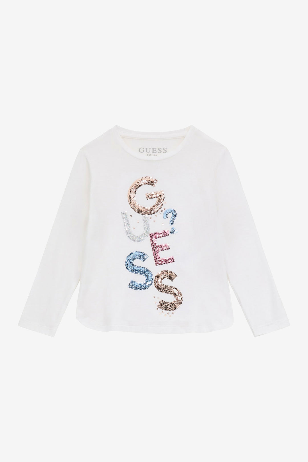 GUESS® Kids "Esme" White Multicoloured Sequin Logo Top | Millie and John